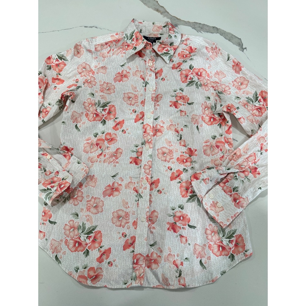 Chaps Womens Coral Pink Floral No Iron Button Down Shirt Long Sleeve Size Small